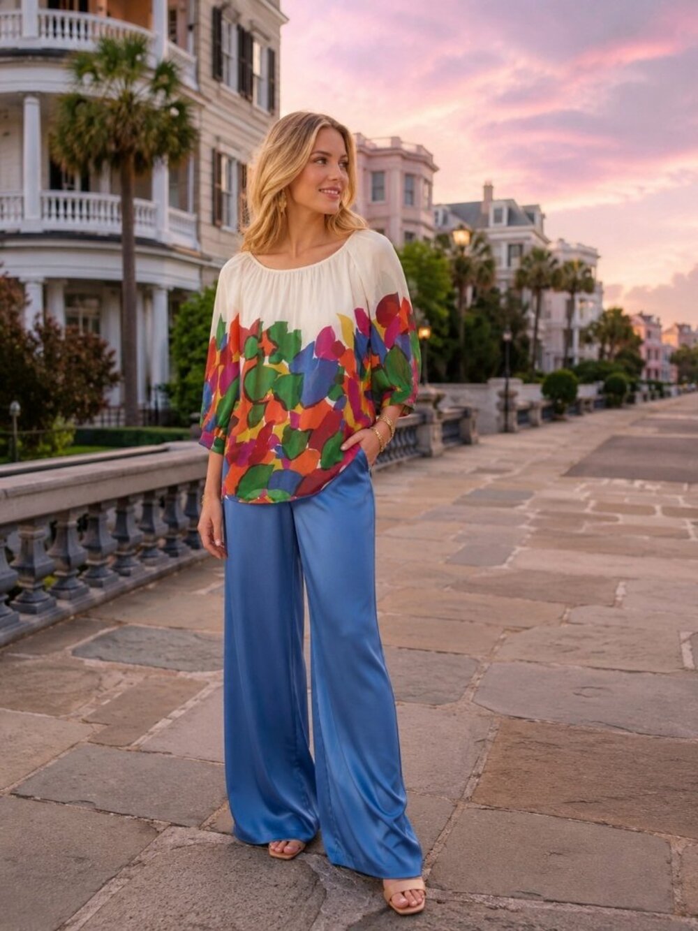 di Hera Multicolor Abstract Print Silk Pullover Womens Blouse
